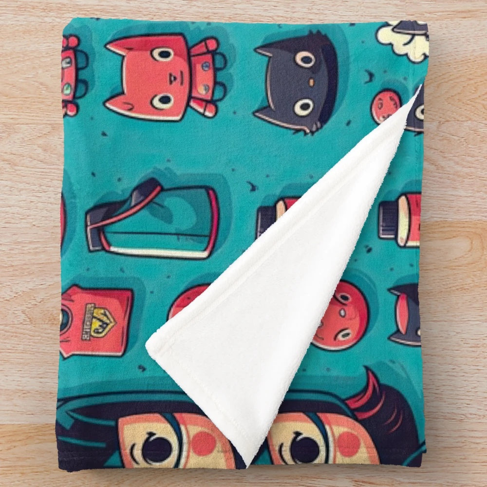 Colorful plush blanket featuring superhero-inspired graphic patterns and designs