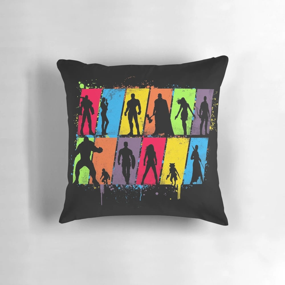 Colorful neon superhero silhouette design printed on a plush, high-quality pillow.