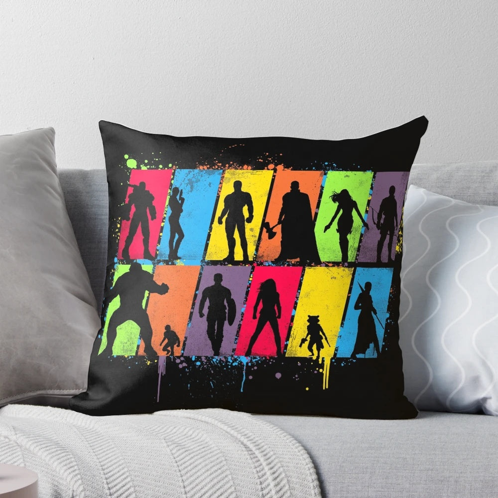 Colorful neon superhero silhouette design printed on a plush, high-quality pillow.