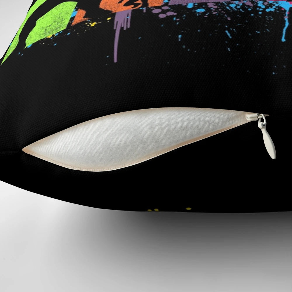 Colorful neon superhero silhouette design printed on a plush, high-quality pillow.