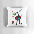 A vibrant, surreal-inspired throw pillow with abstract shapes and colors, inspired by the art of Joan Miro.