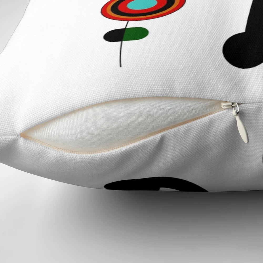 A vibrant, surreal-inspired throw pillow with abstract shapes and colors, inspired by the art of Joan Miro.