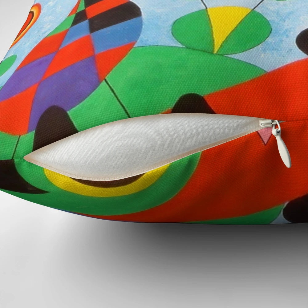 Colorful surrealist art pillow featuring the abstract designs of renowned Spanish artist Joan Miró