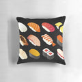 Colorful sushi-inspired throw pillow featuring fish, rice, and Japanese elements
