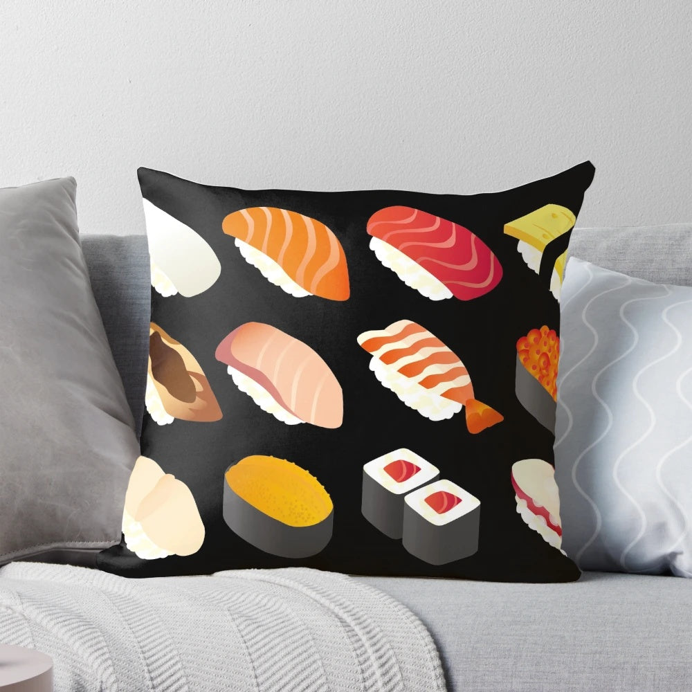 Colorful sushi-inspired throw pillow featuring fish, rice, and Japanese elements