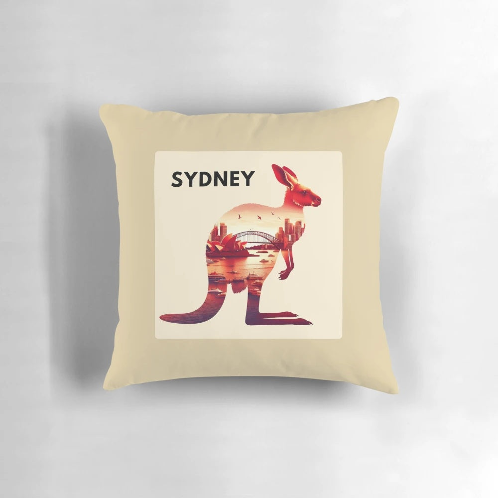 Pillow featuring a double exposure image of a red kangaroo and the Sydney, Australia skyline