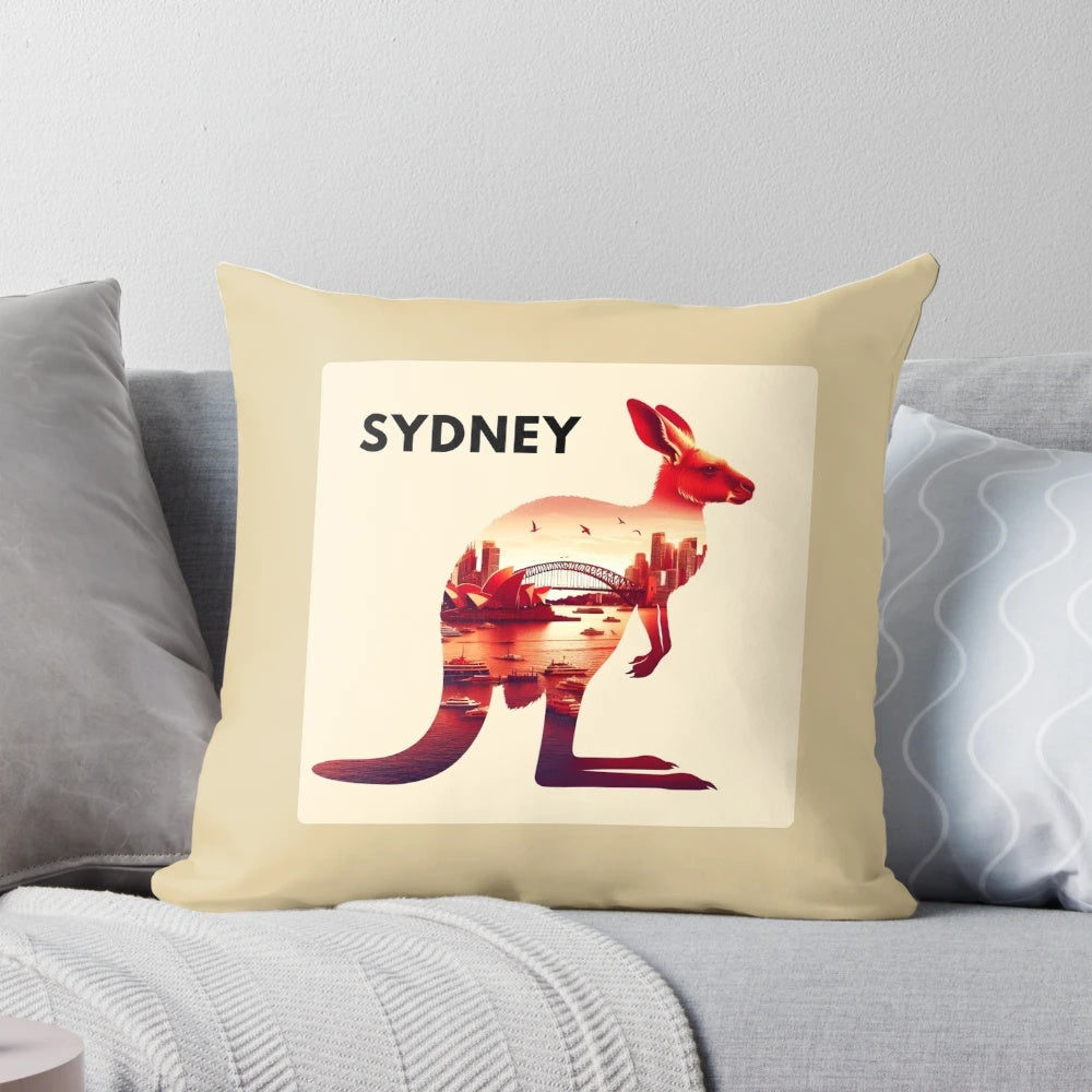 Pillow featuring a double exposure image of a red kangaroo and the Sydney, Australia skyline