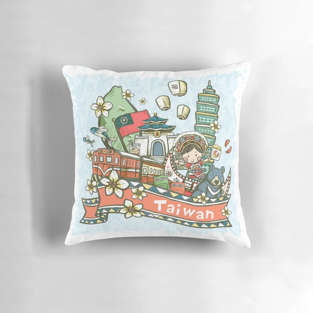Colorful pillow featuring a vibrant illustration of Taiwanese culture, including aboriginal designs, a black bear, and iconic Taipei landmarks.