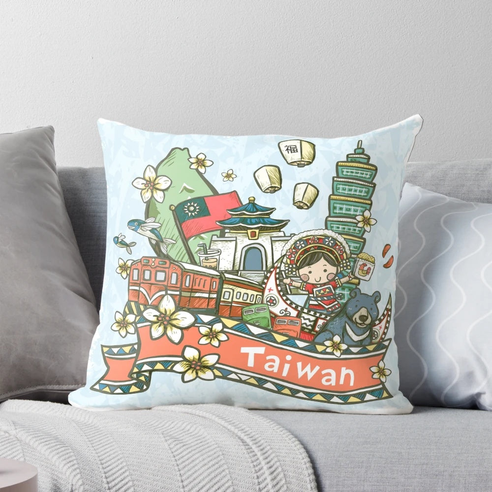 Colorful pillow featuring a vibrant illustration of Taiwanese culture, including aboriginal designs, a black bear, and iconic Taipei landmarks.