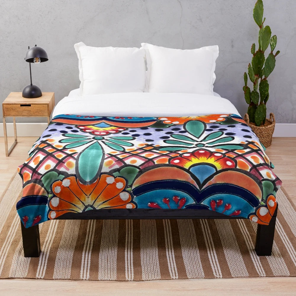 Colorful talavera tile design plush blanket with orange accents