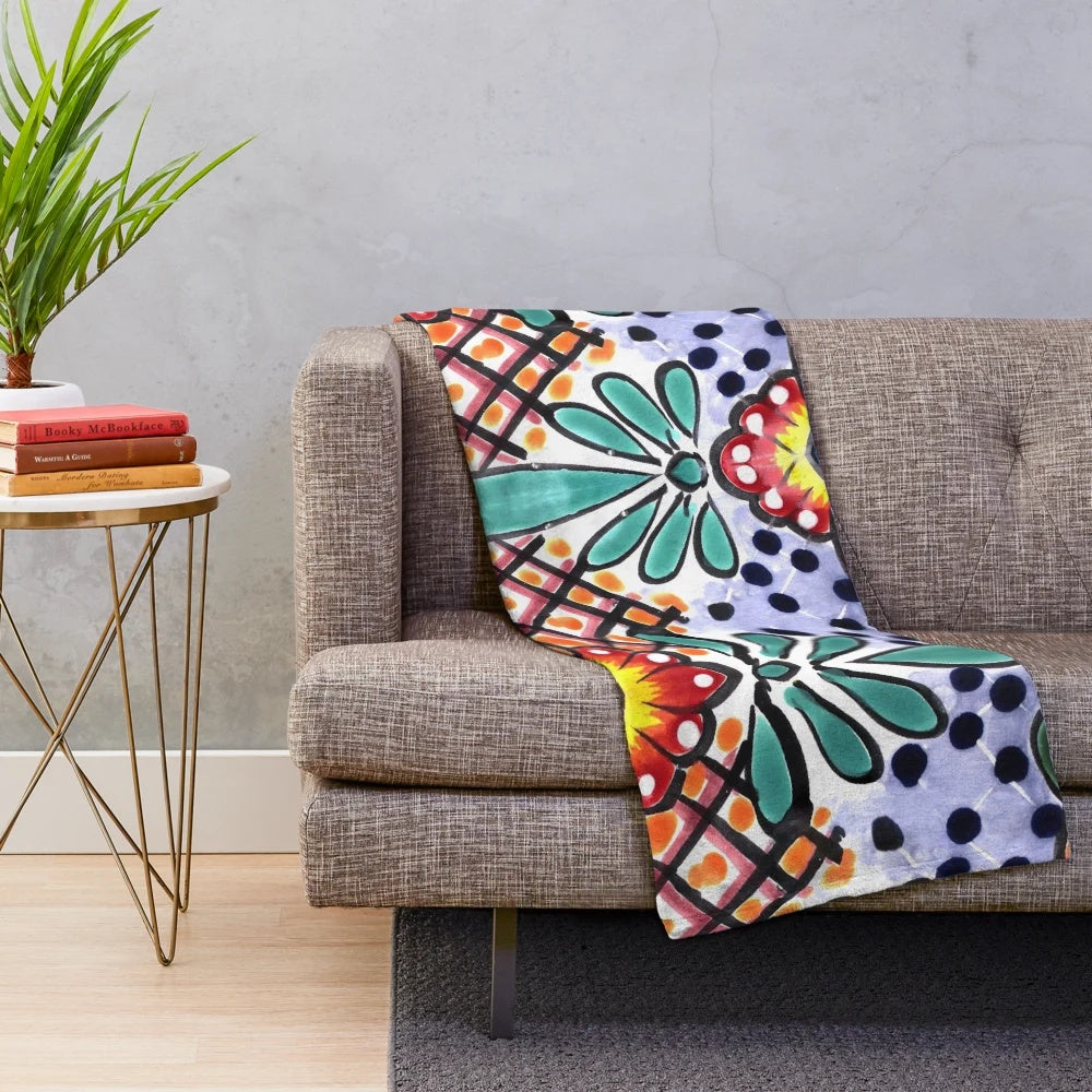 Colorful talavera tile design plush blanket with orange accents
