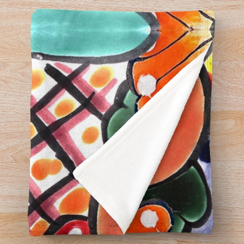 Colorful talavera tile design plush blanket with orange accents
