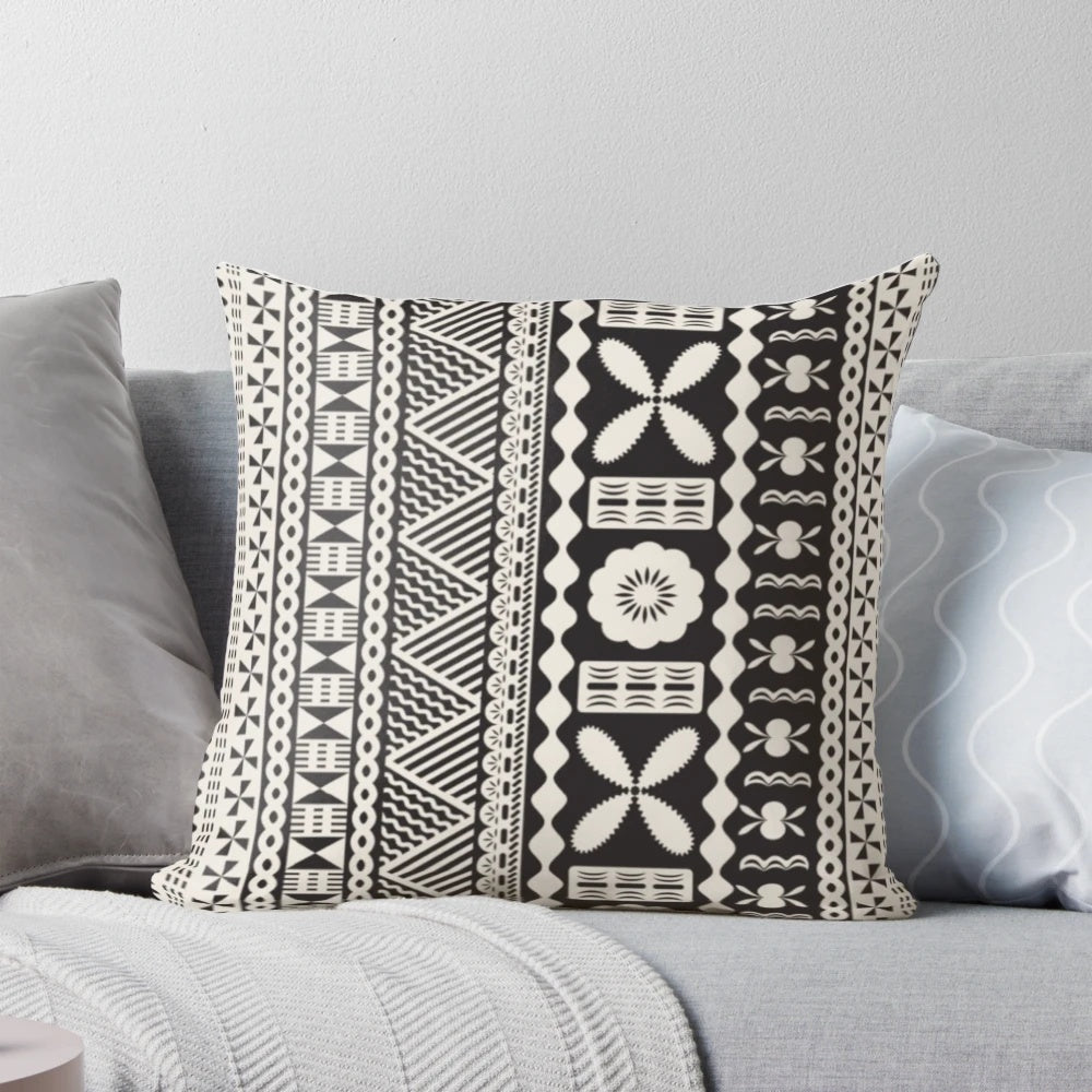 Decorative pillow featuring vibrant tapa patterns from the South Pacific islands