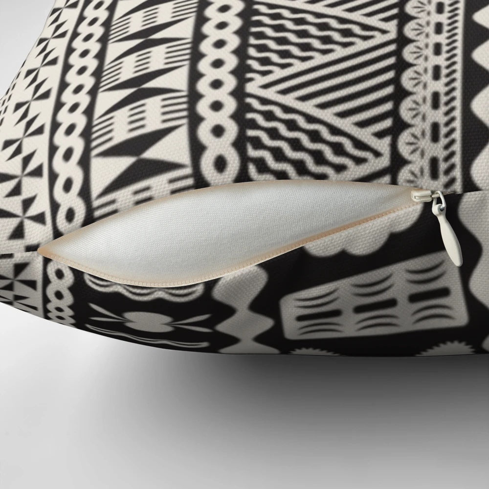 Decorative pillow featuring vibrant tapa patterns from the South Pacific islands