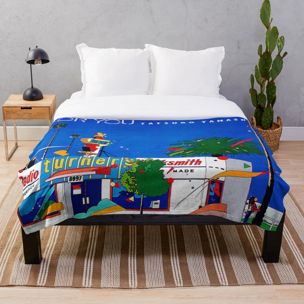 Tatsuro Yamashita inspired plush blanket with colorful album cover design