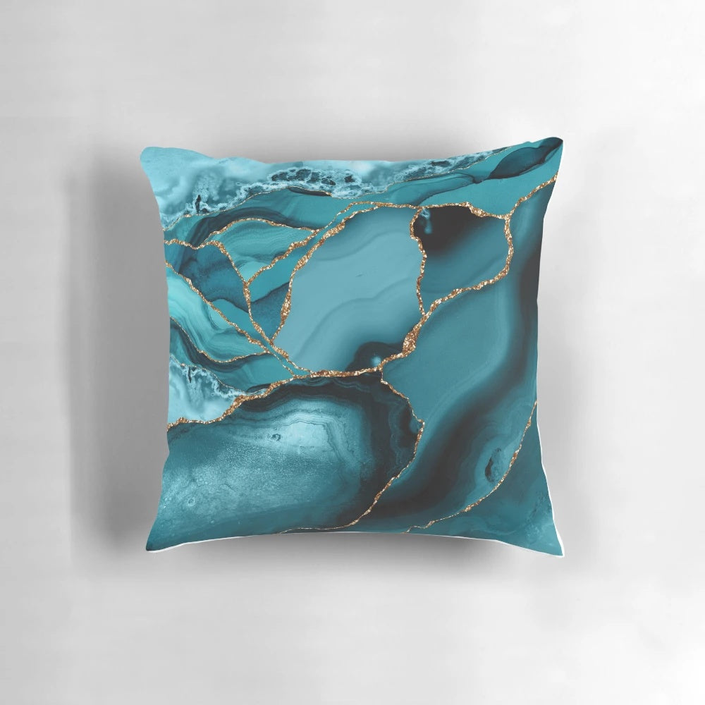 Teal and gold faux marble landscape waves pattern decorative throw pillow