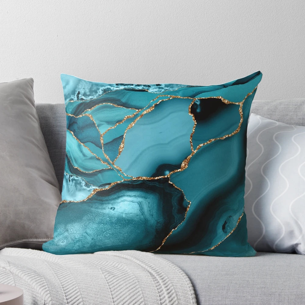 Teal and gold faux marble landscape waves pattern decorative throw pillow