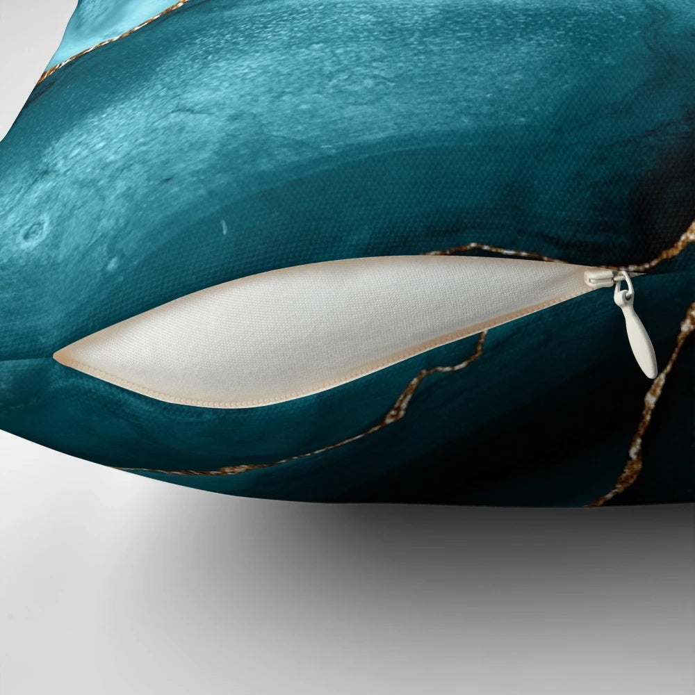 Teal and gold faux marble landscape waves pattern decorative throw pillow