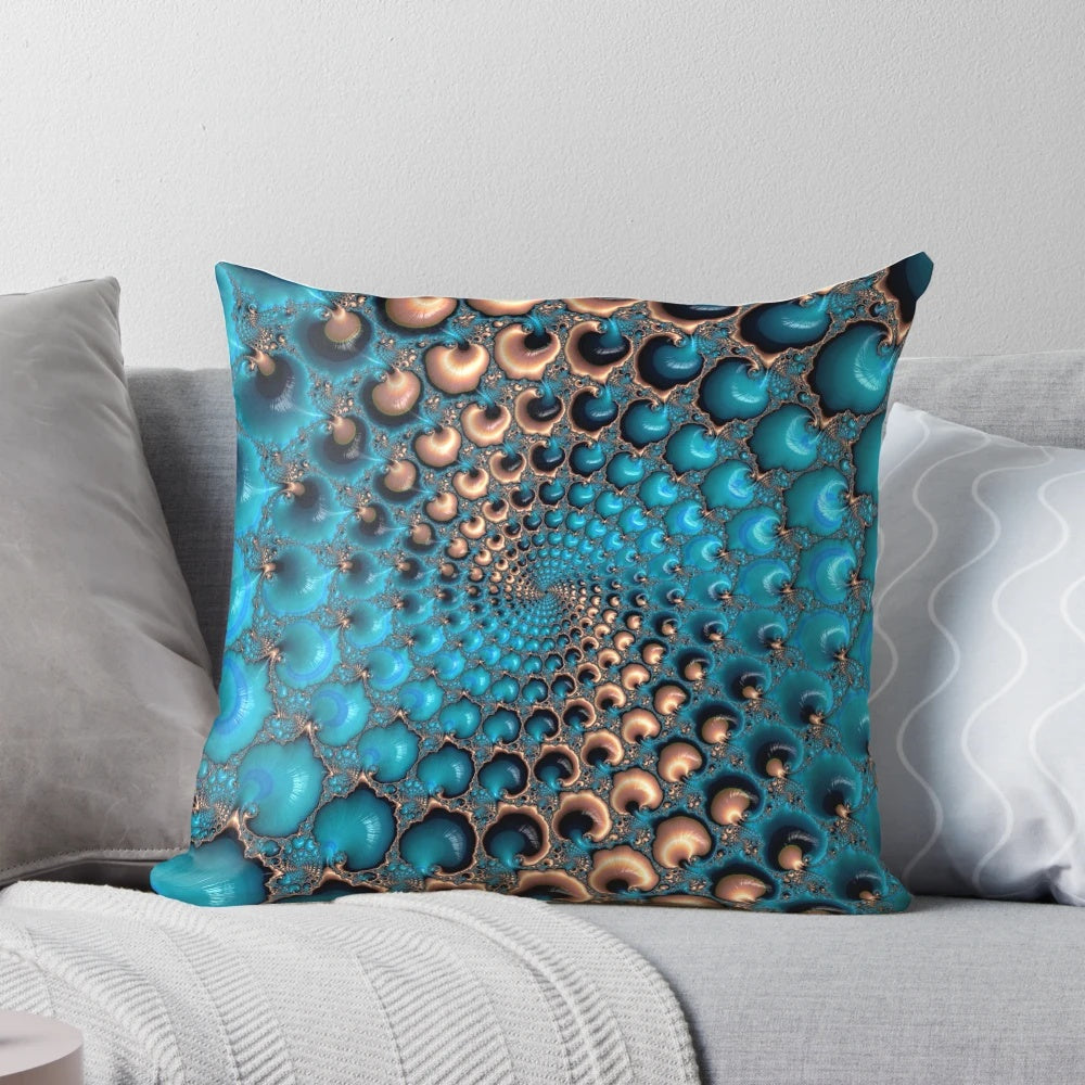 Teal and orange fractal pattern pillow, modern abstract artwork