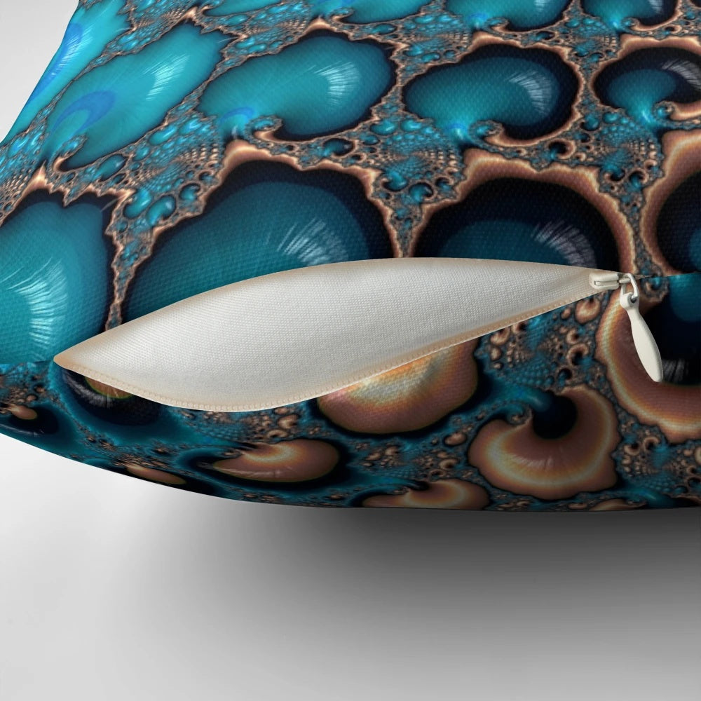 Teal and orange fractal pattern pillow, modern abstract artwork