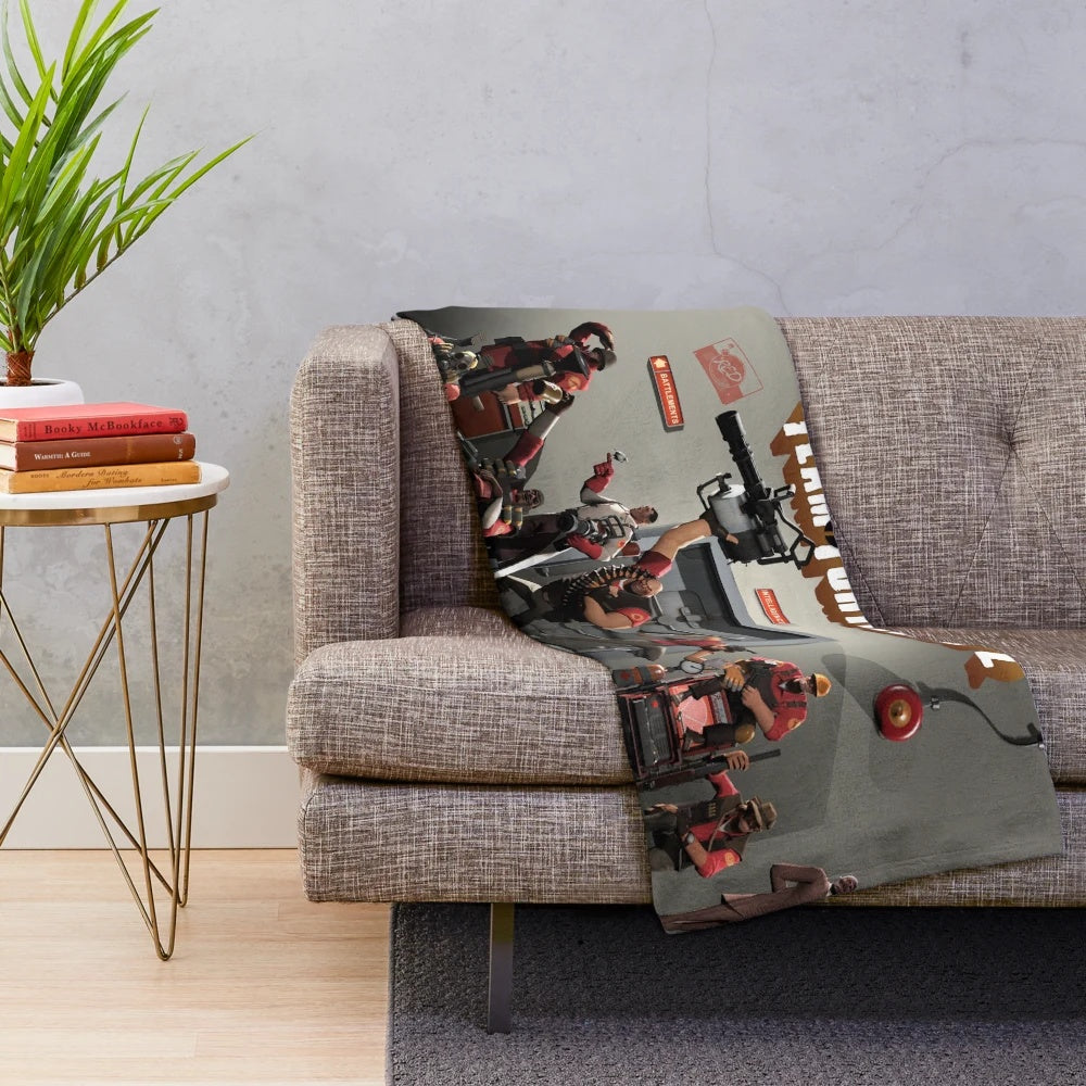 Team Fortress 2 inspired plush blanket featuring iconic game characters
