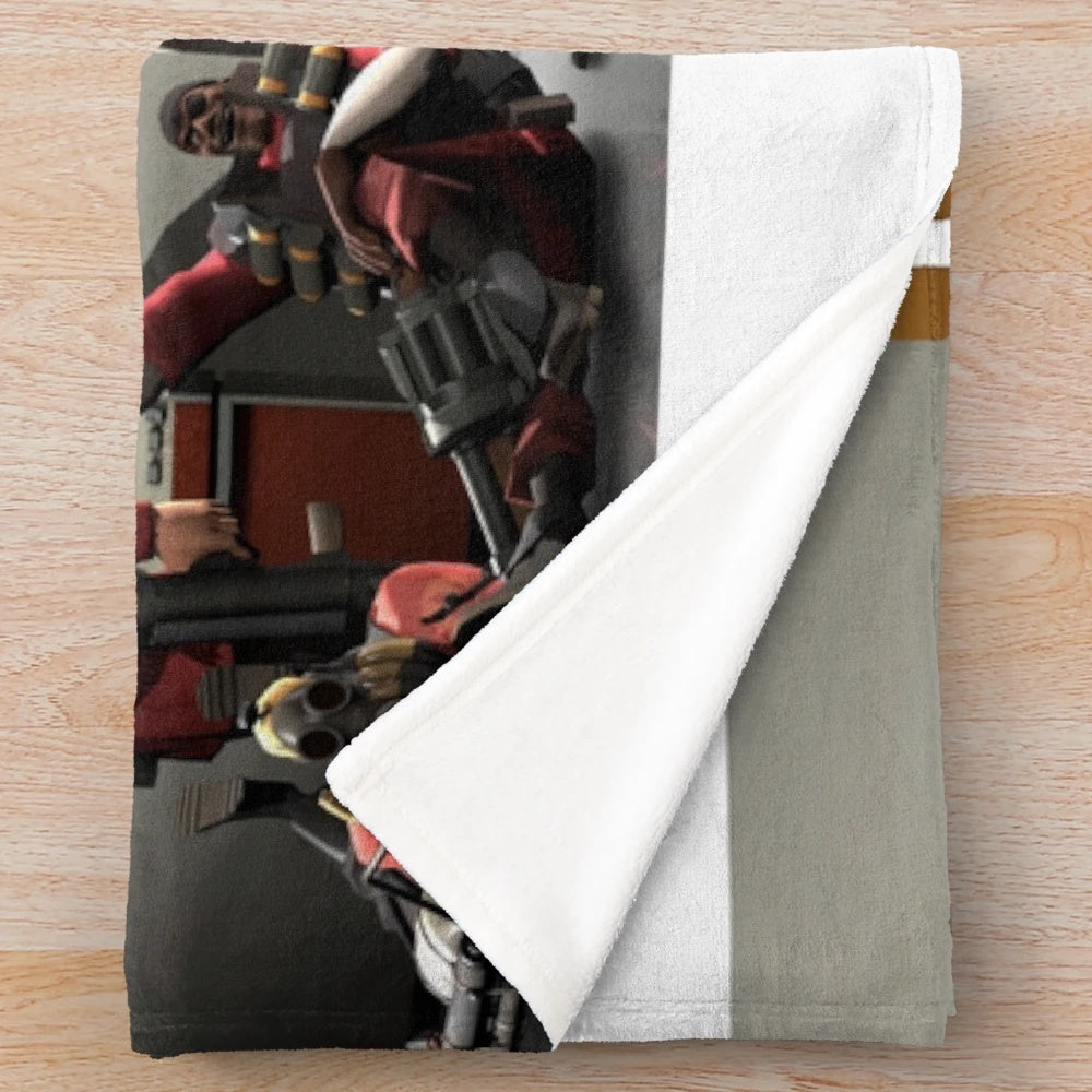 Team Fortress 2 inspired plush blanket featuring iconic game characters