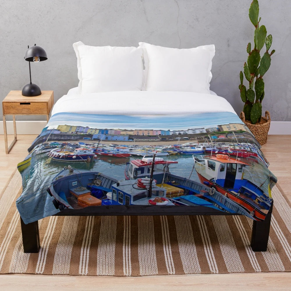 Cozy plush blanket featuring the vibrant morning colors of Tenby Harbour, Pembrokeshire, Wales