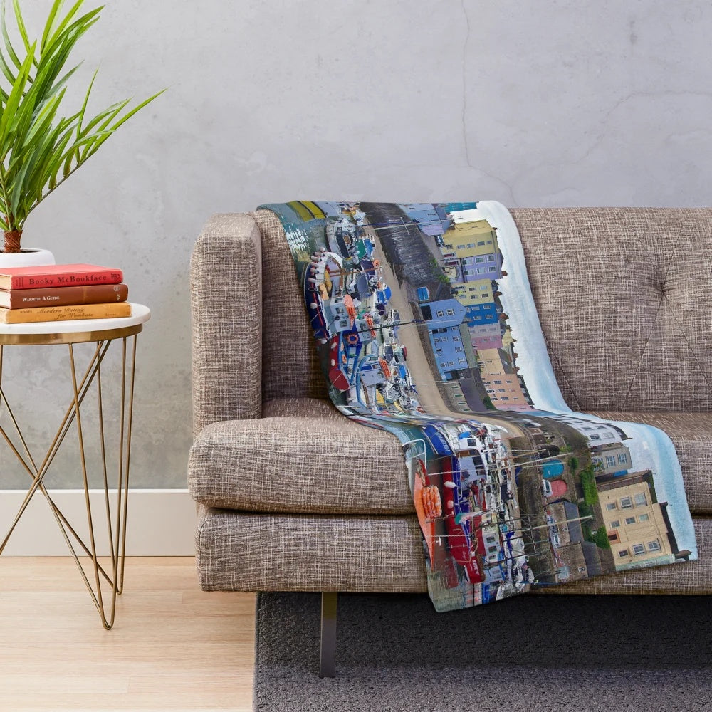 Cozy plush blanket featuring the vibrant morning colors of Tenby Harbour, Pembrokeshire, Wales