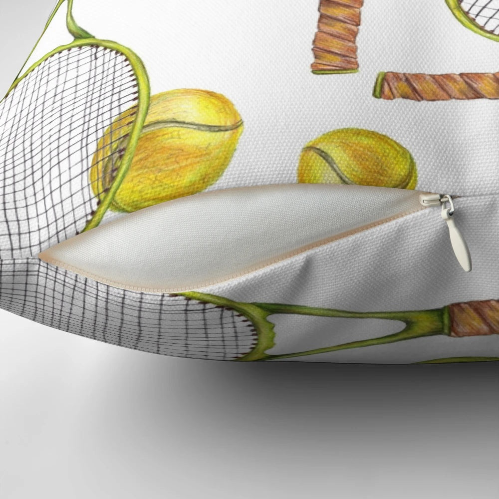 Colorful throw pillow with a pattern of tennis rackets and balls, ideal for sports-themed home decor