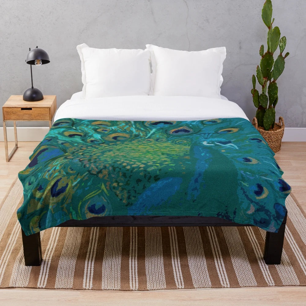 Textured peacock plush blanket with iridescent feather design