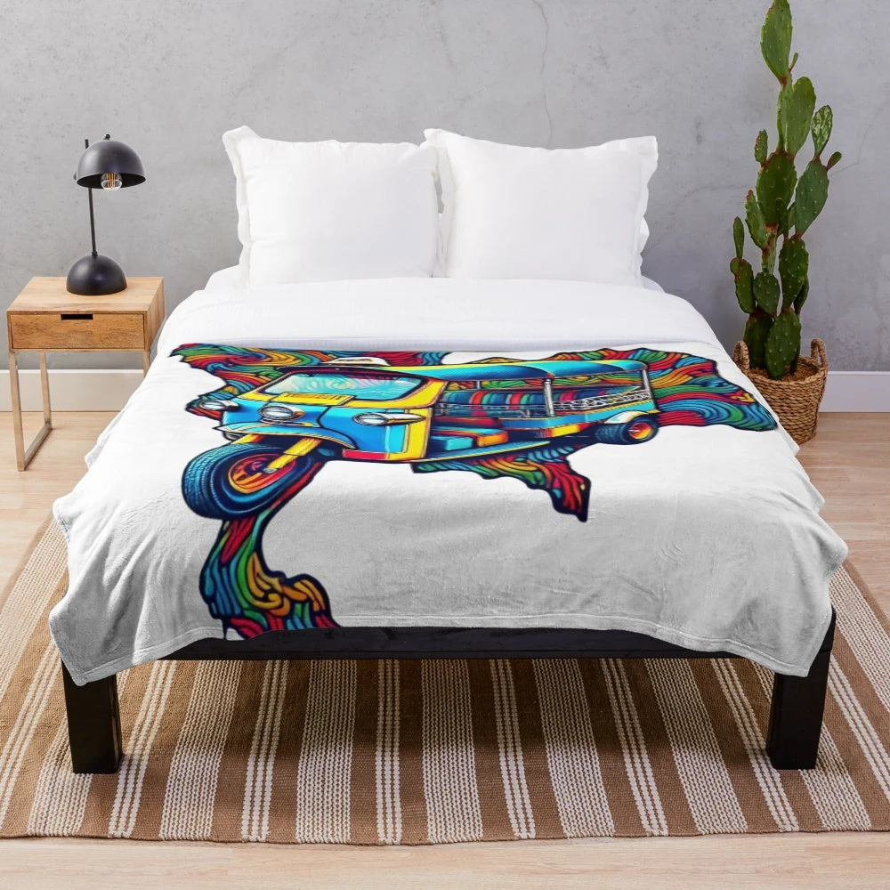 Colorful Thai Tuk Tuk Plush Blanket with Vibrant Design