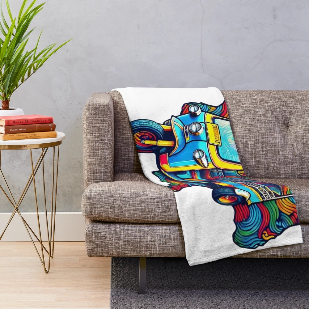 Colorful Thai Tuk Tuk Plush Blanket with Vibrant Design