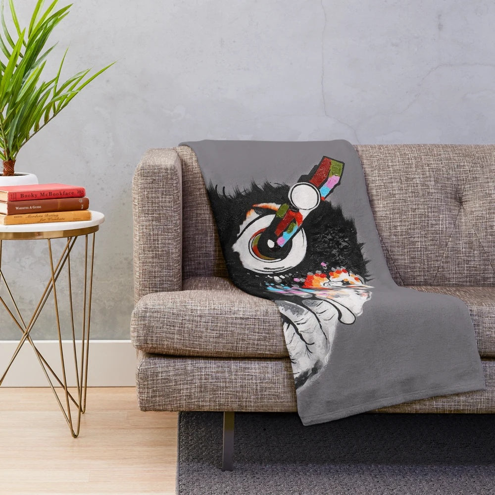 Colorful plush blanket featuring an urban chimpanzee in a thoughtful pose