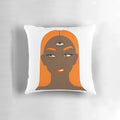 Vibrant orange and black digital art illustration of a girl with a third eye, featured on a plush pillow.
