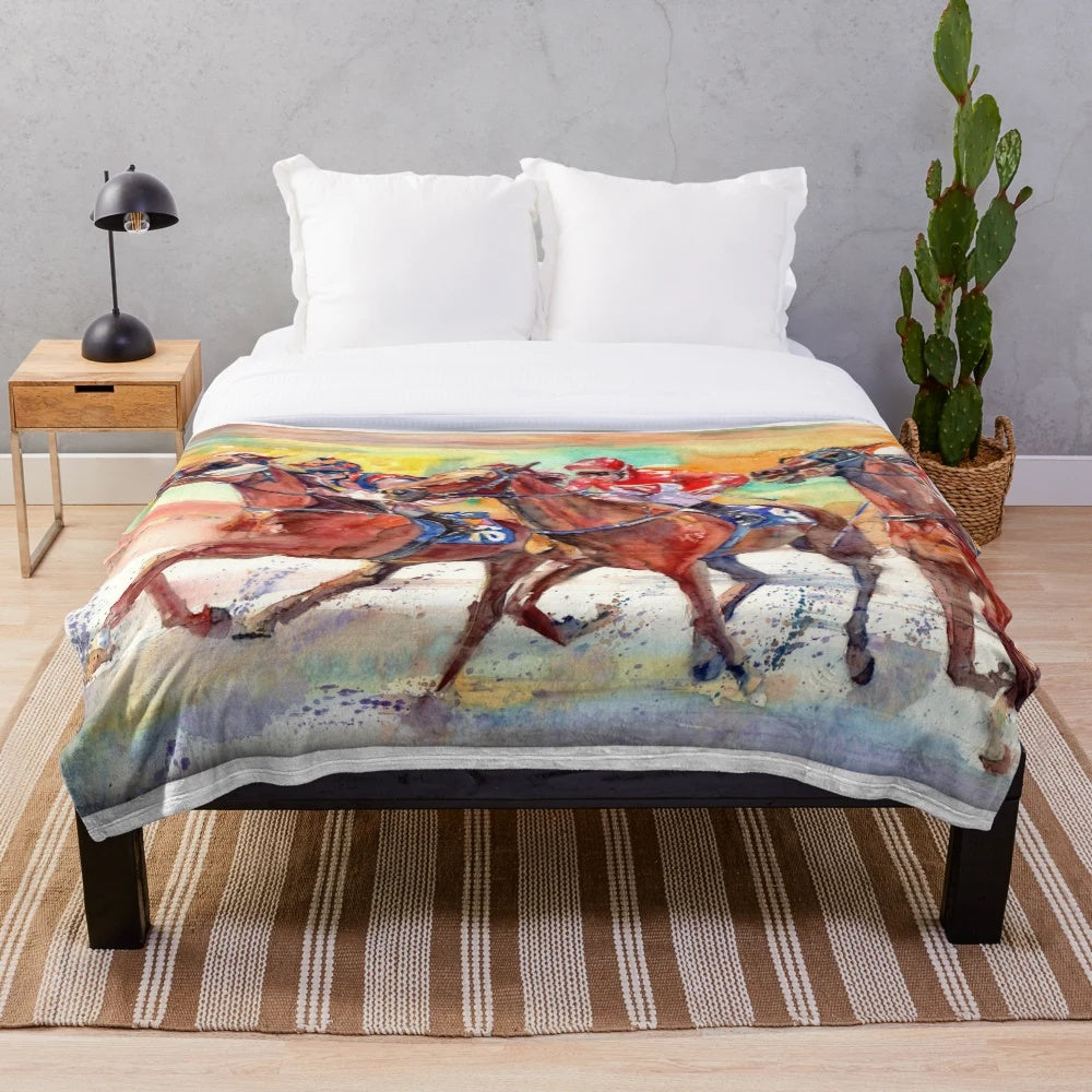 Colorful plush blanket featuring a realistic thoroughbred racing scene