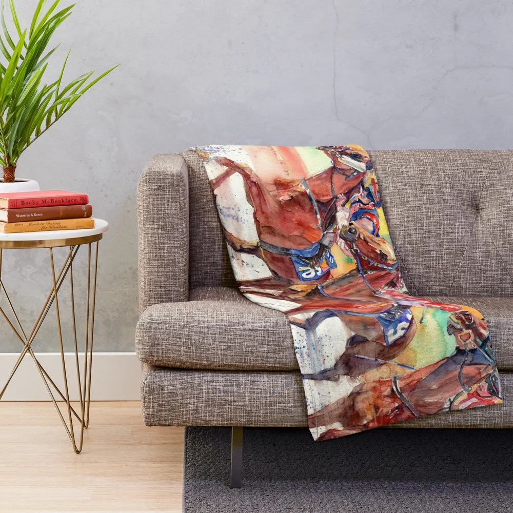 Colorful plush blanket featuring a realistic thoroughbred racing scene