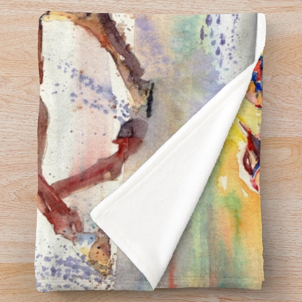 Colorful plush blanket featuring a realistic thoroughbred racing scene