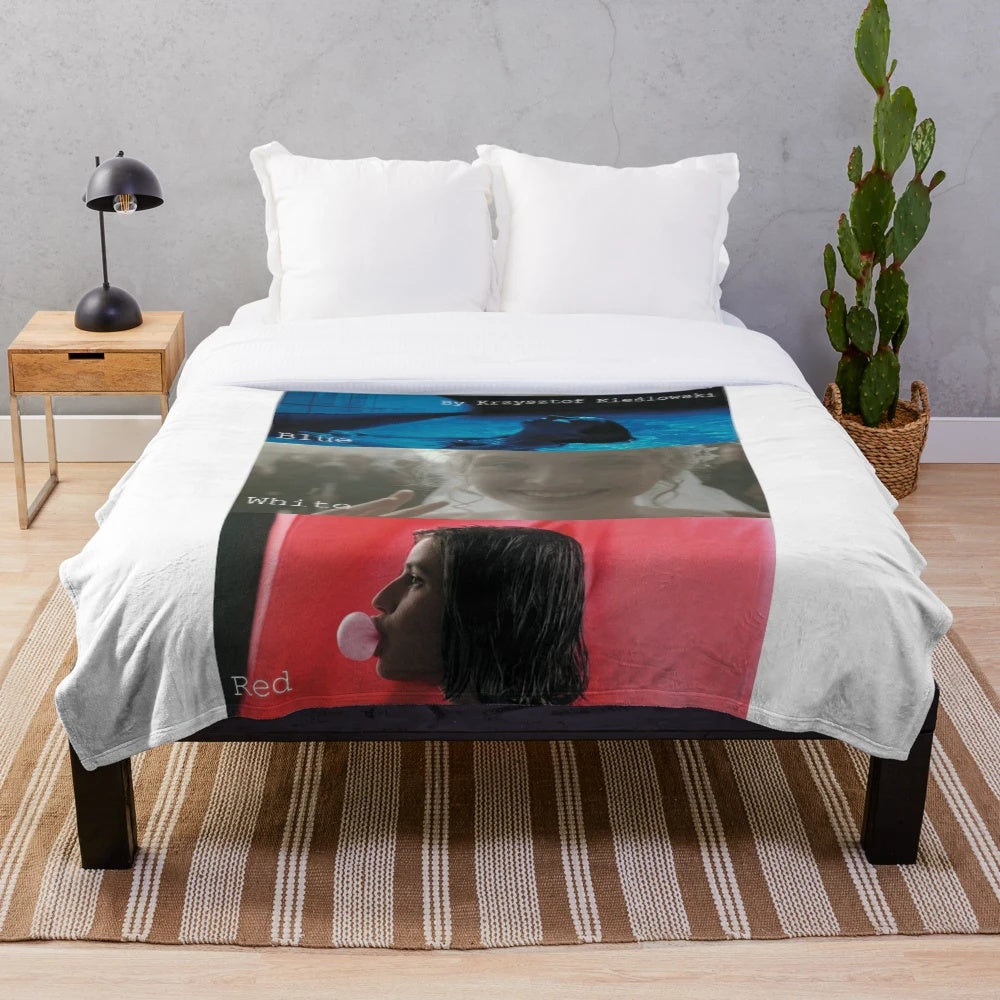 Cozy three-color plush blanket with blue, white, and red tones