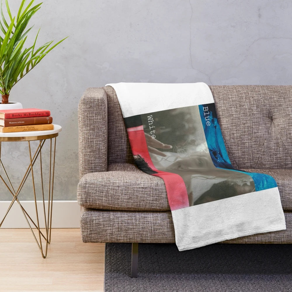 Cozy three-color plush blanket with blue, white, and red tones