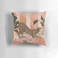 Boho-style tiger print accent pillow in tropical green, pink, and rust colors