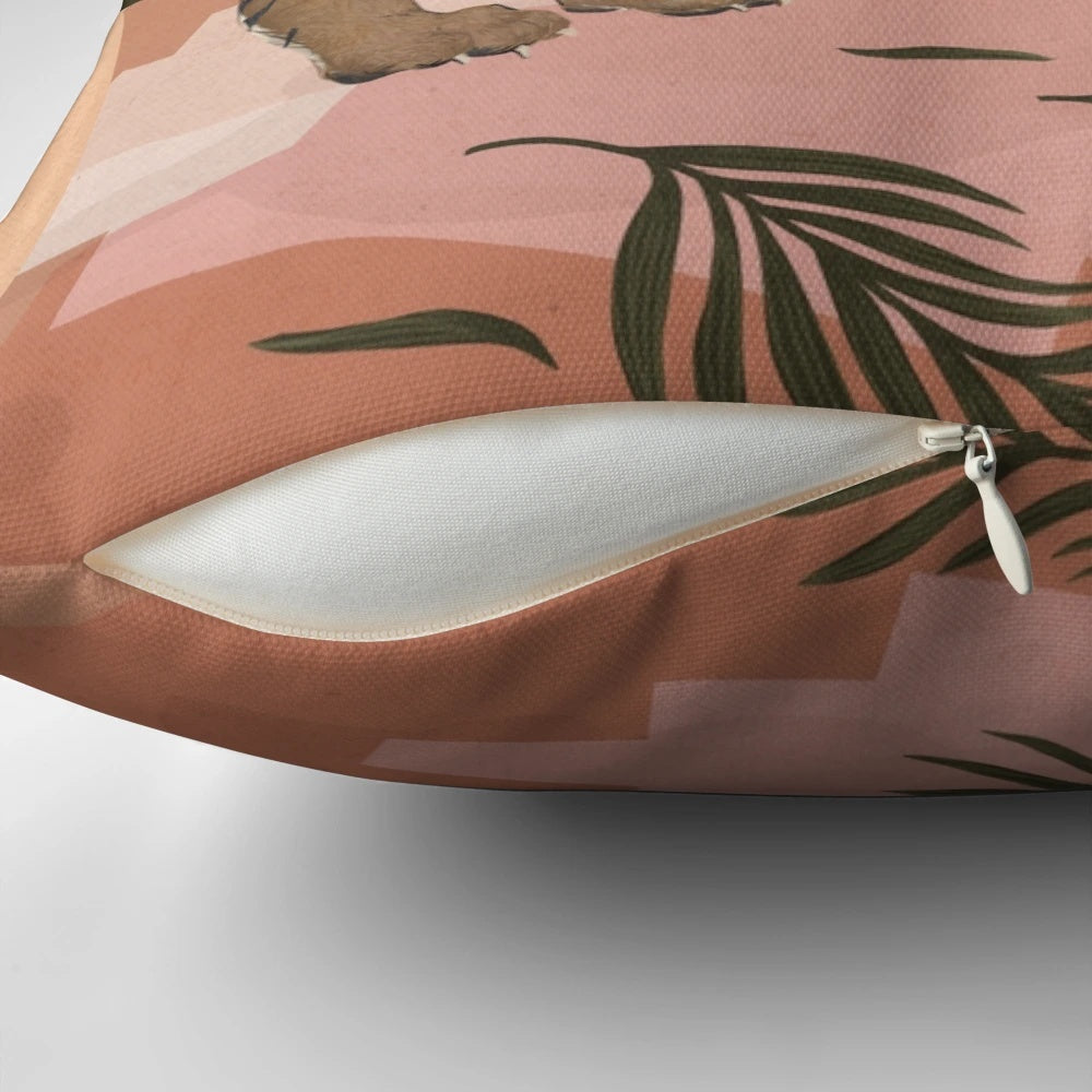 Boho-style tiger print accent pillow in tropical green, pink, and rust colors