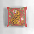 Colorful decorative pillow featuring a tiger in a folk art style