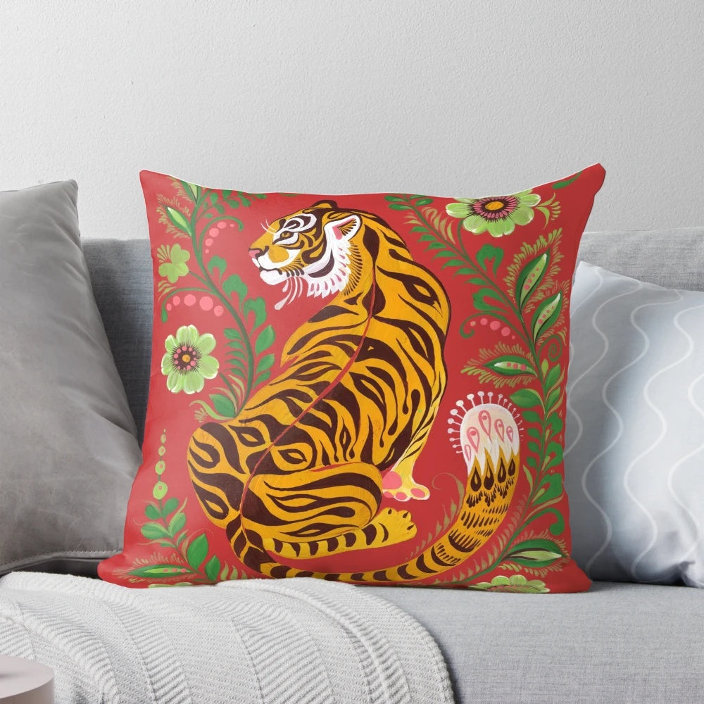Colorful decorative pillow featuring a tiger in a folk art style