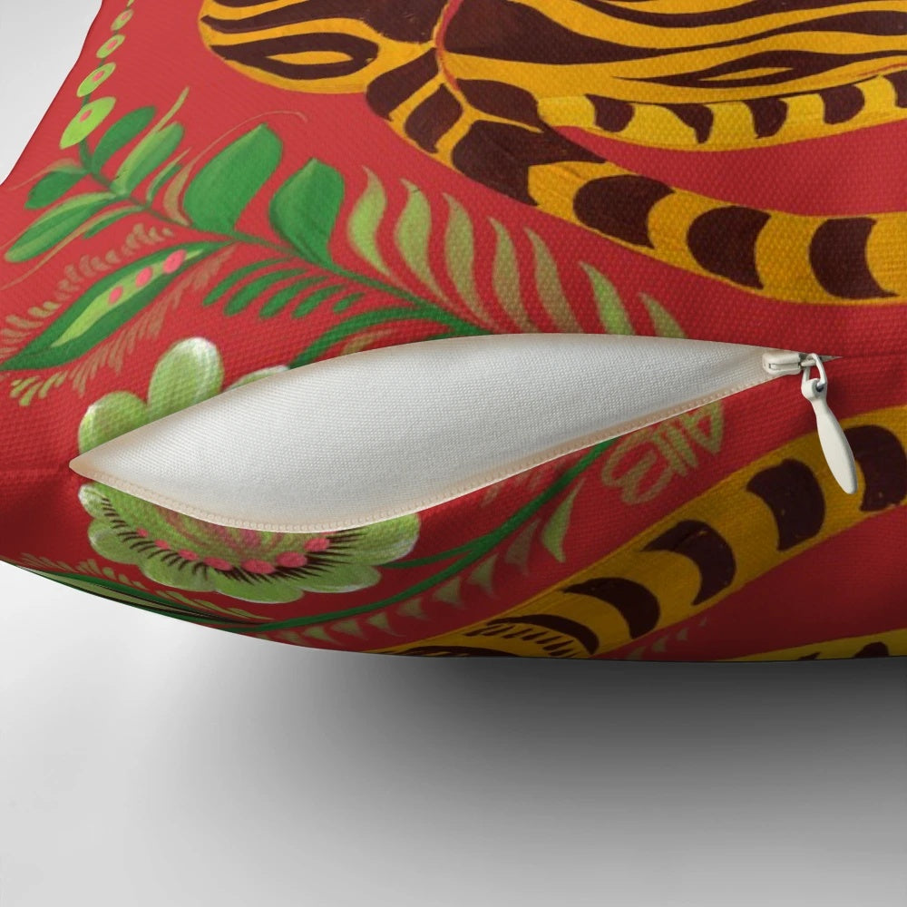Colorful decorative pillow featuring a tiger in a folk art style