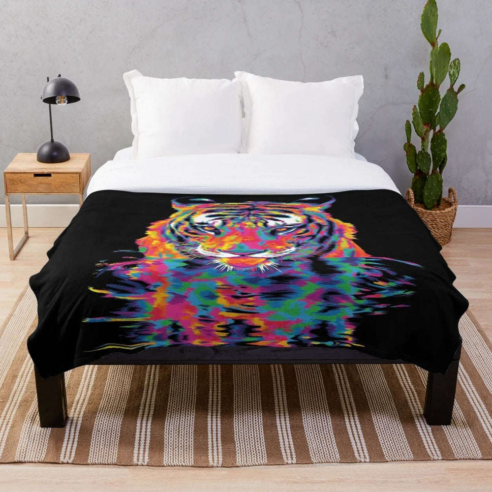 Colorful plush blanket with a tiger print design