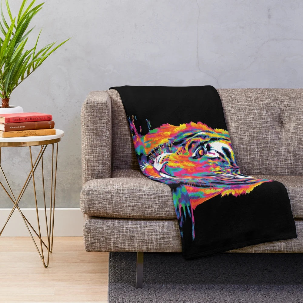 Colorful plush blanket with a tiger print design