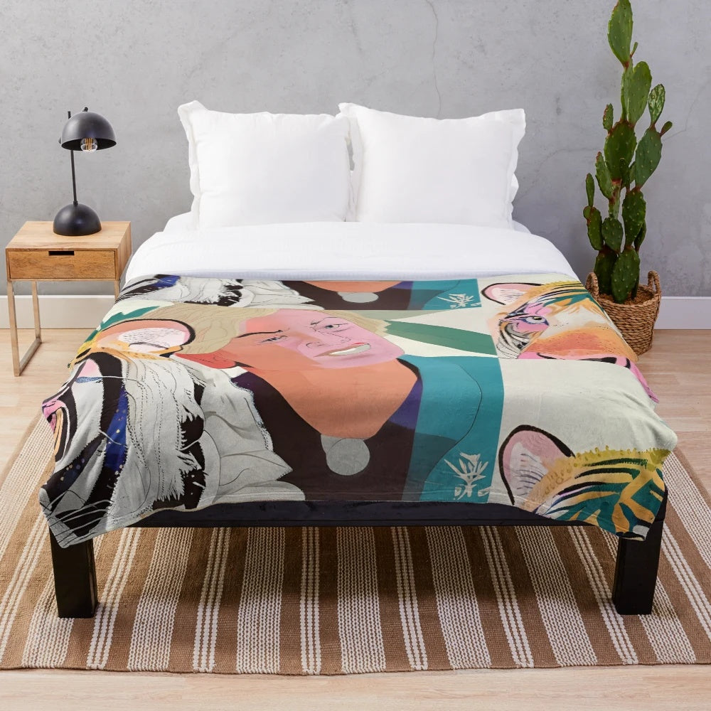 Colorful plush blanket with a vibrant tiger illustration inspired by the Netflix series "Tiger King
