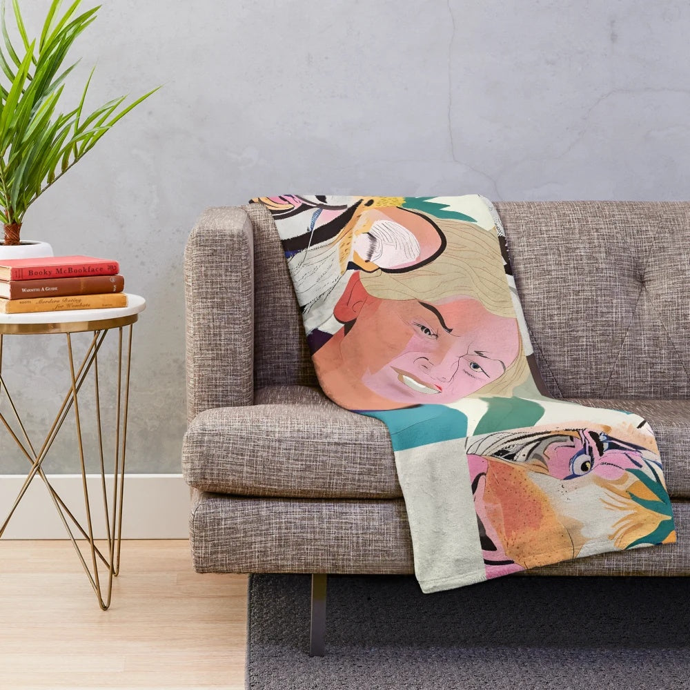 Colorful plush blanket with a vibrant tiger illustration inspired by the Netflix series "Tiger King