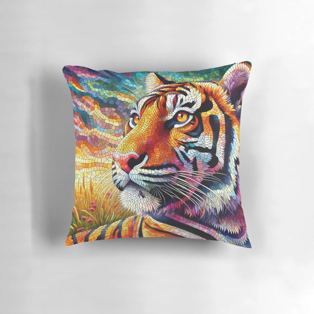 Colorful tiger illustration in mosaic style on a decorative throw pillow