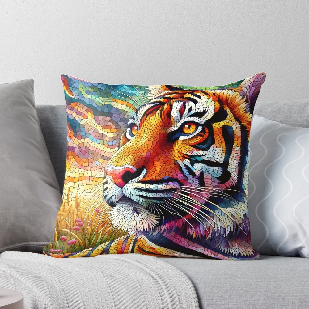 Colorful tiger illustration in mosaic style on a decorative throw pillow